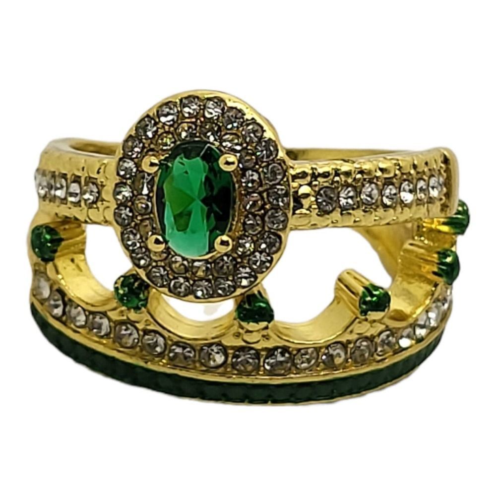 Gold Tone Emerald Crown Band And Halo Engagement Ring Set Size 10